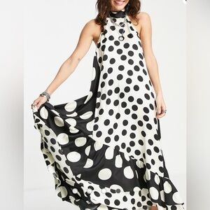 Topshop Black & White Asymmetrical Halter Polka Dot Dress